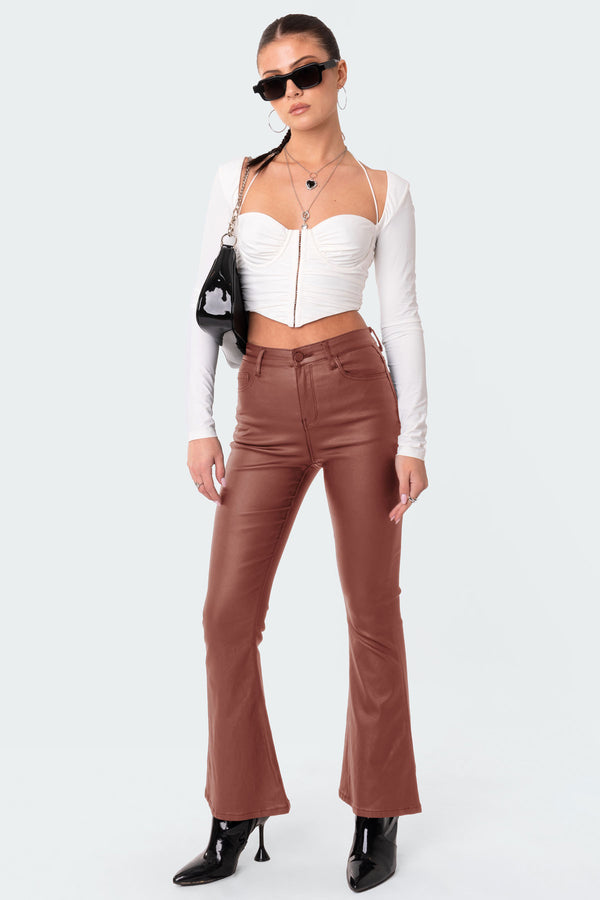 Petite Luna Faux Leather Mid Rise Flared Jeans