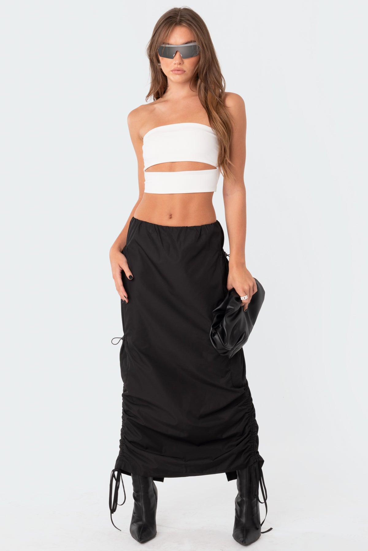 Low-Rise Slitted Nylon Maxi Skirt