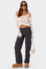 Textured Knit Open Shoulder Sweater