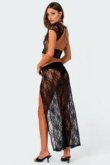 Aura Low Rise Sheer Lace Maxi Skirt