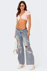 Distressed Fold Over Low Rise Wide Leg Jeans