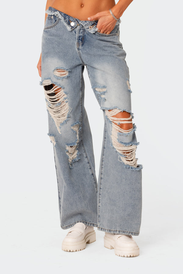 Distressed Fold Over Low Rise Wide Leg Jeans