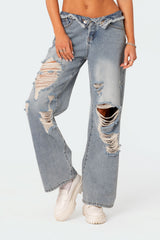 Distressed Fold Over Low Rise Wide Leg Jeans