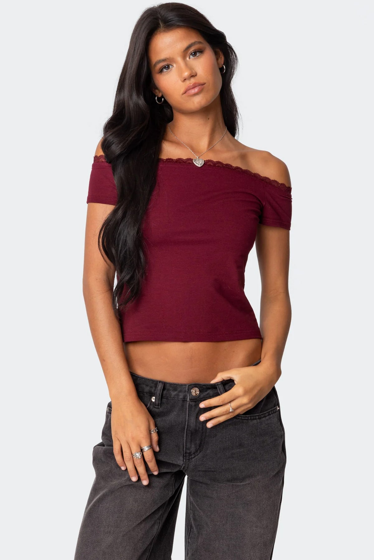 Xoe Off Shoulder Lace Trim Top