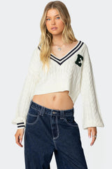 Collegiate Cropped Cable Knit Sweater