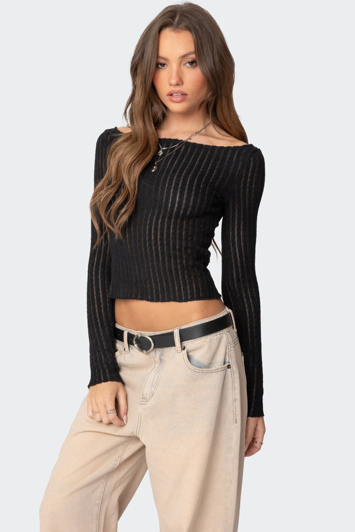 Textured Sheer Boat Neck Top