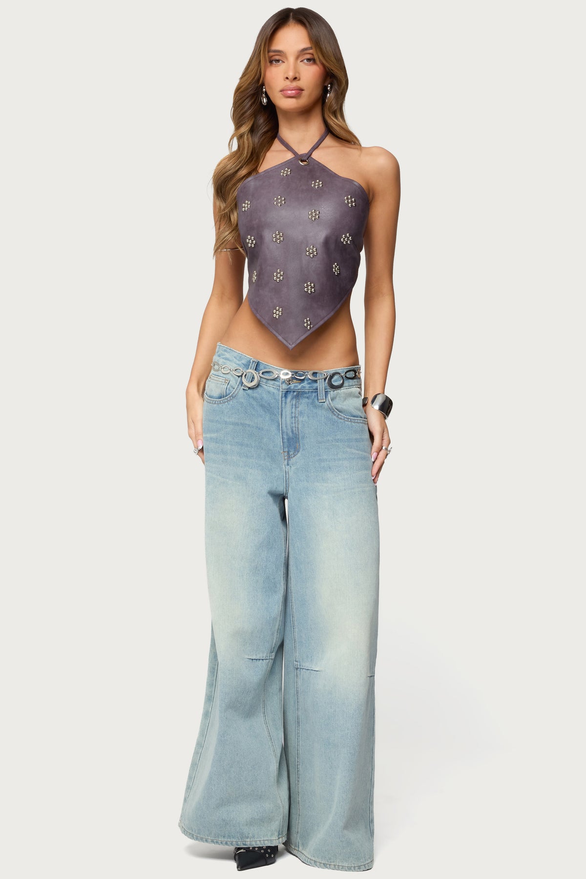 Shila Studded Faux Leather Backless Top