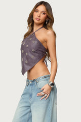 Shila Studded Faux Leather Backless Top