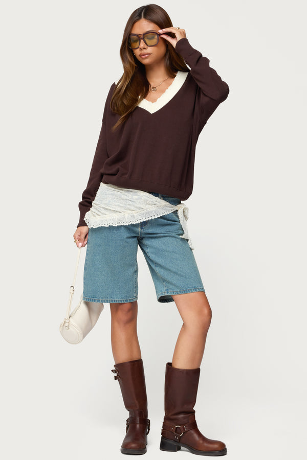 Marie Contrast Lacey V Neck Sweater