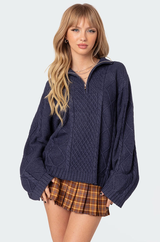 Oversized Quarter Zip Cable Knit Sweater