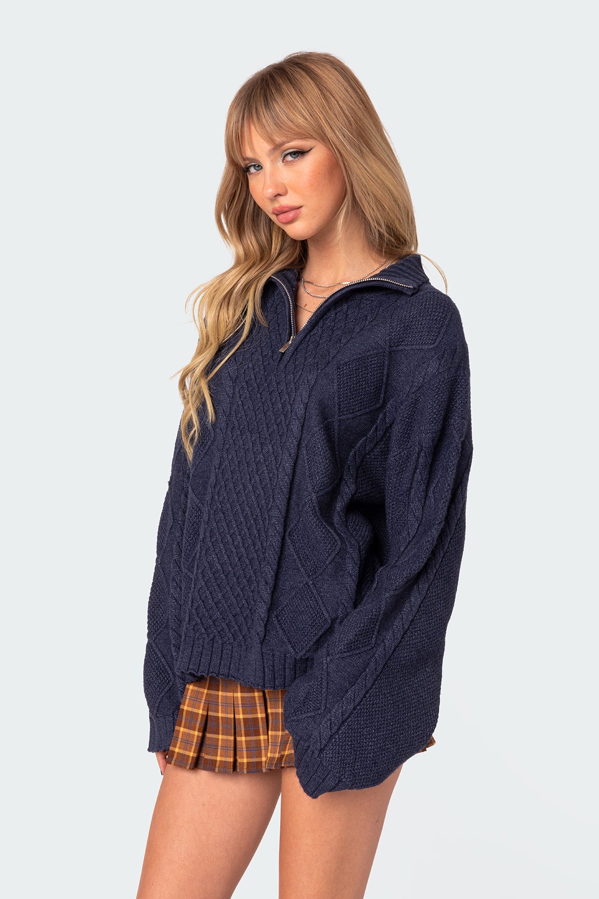 Oversized Quarter Zip Cable Knit Sweater