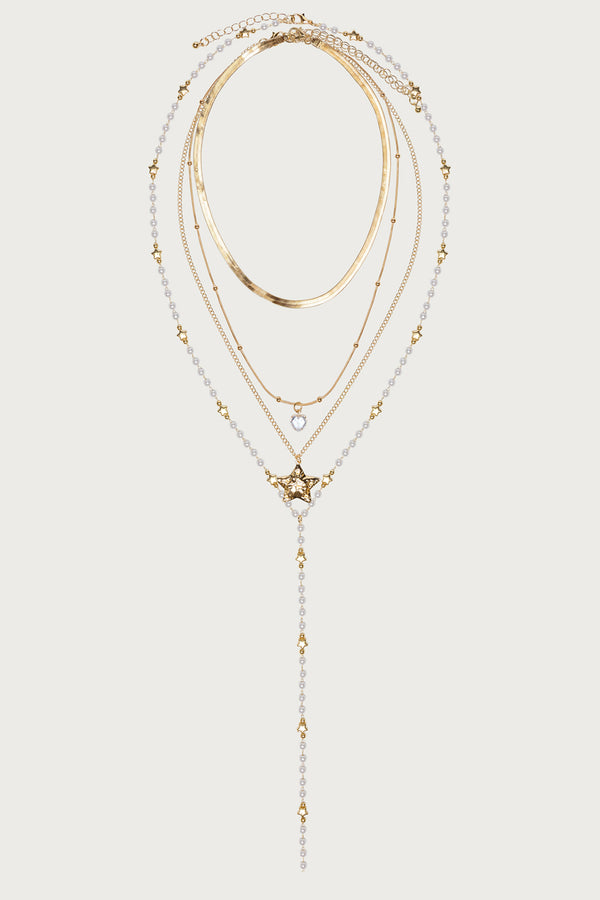 Layered Cascading Faux Pearl Star Necklace
