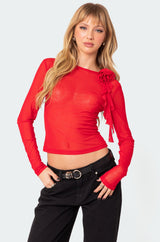 Larose Sheer Mesh Flower Pin Top