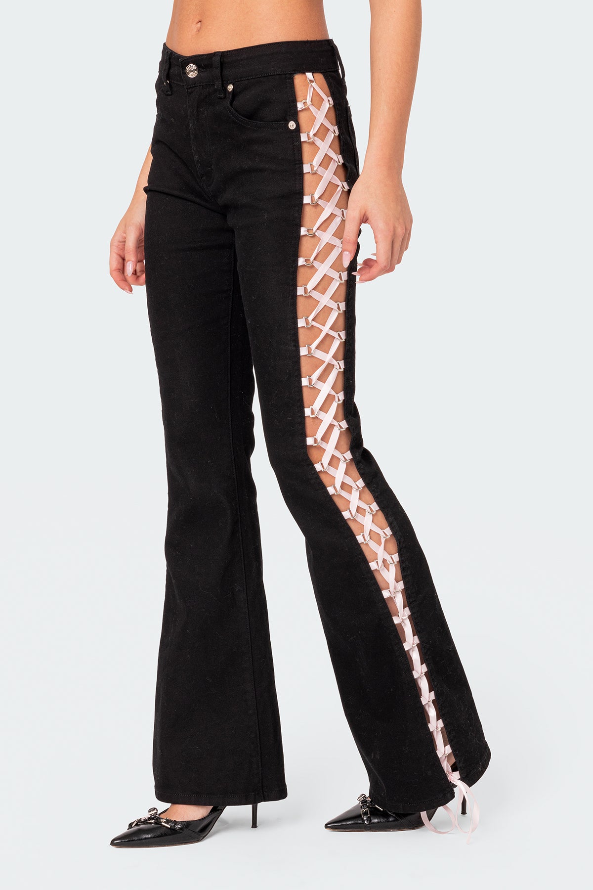 Satin Lace Up Flared Jeans
