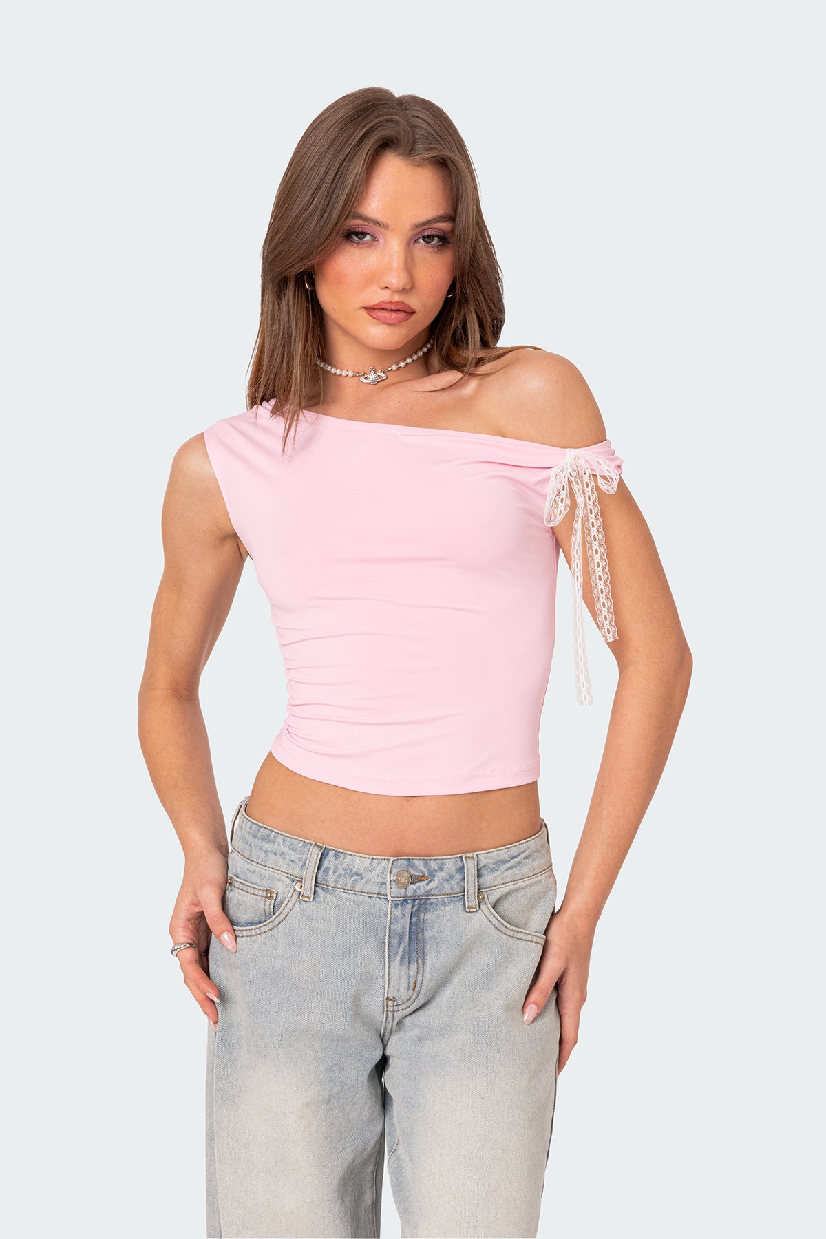 Lace Bow Asymmetric Top