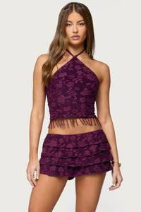 Keyla Bead Fringed Textured Halter Top