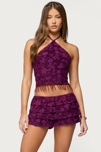 Keyla Bead Fringed Textured Halter Top