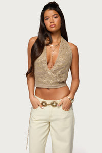 Sequin Crochet Backless Halter Top