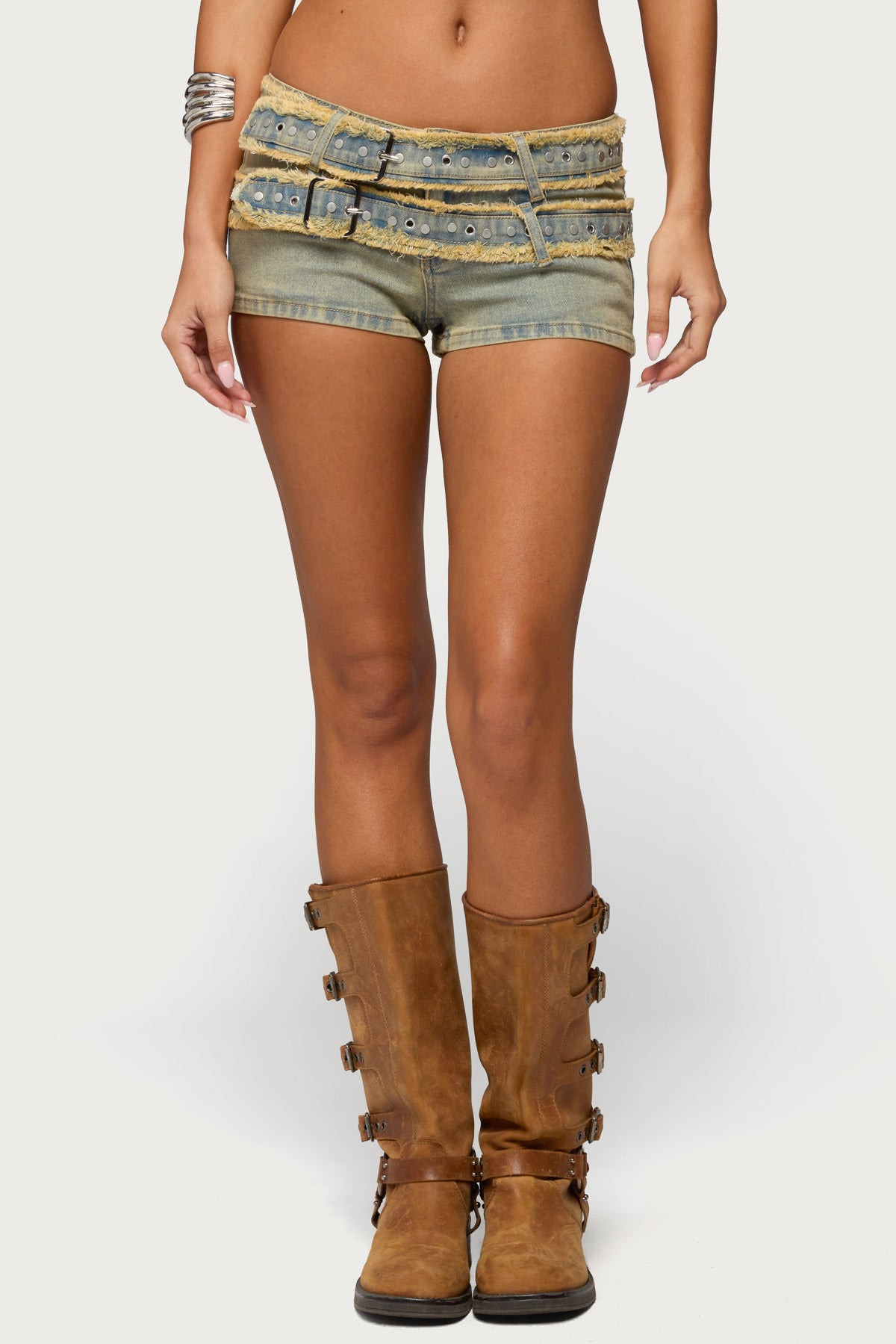 Alyza Distressed Belt Washed Denim Micro Shorts – edikted