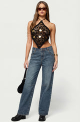 Gold Mirror Backless Crochet Halter Top