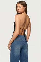 Gold Mirror Backless Crochet Halter Top