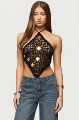 Gold Mirror Backless Crochet Halter Top