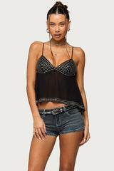 Studded Asymmetric Sheer Babydoll Top