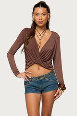 Draped V Neck Long Sleeve Top