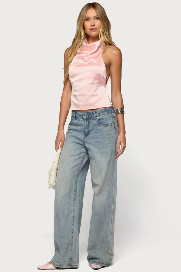 Satin Effect Backless Cowl Neck Top