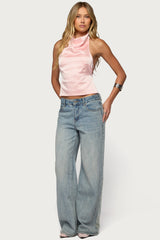 Satin Effect Backless Cowl Neck Top