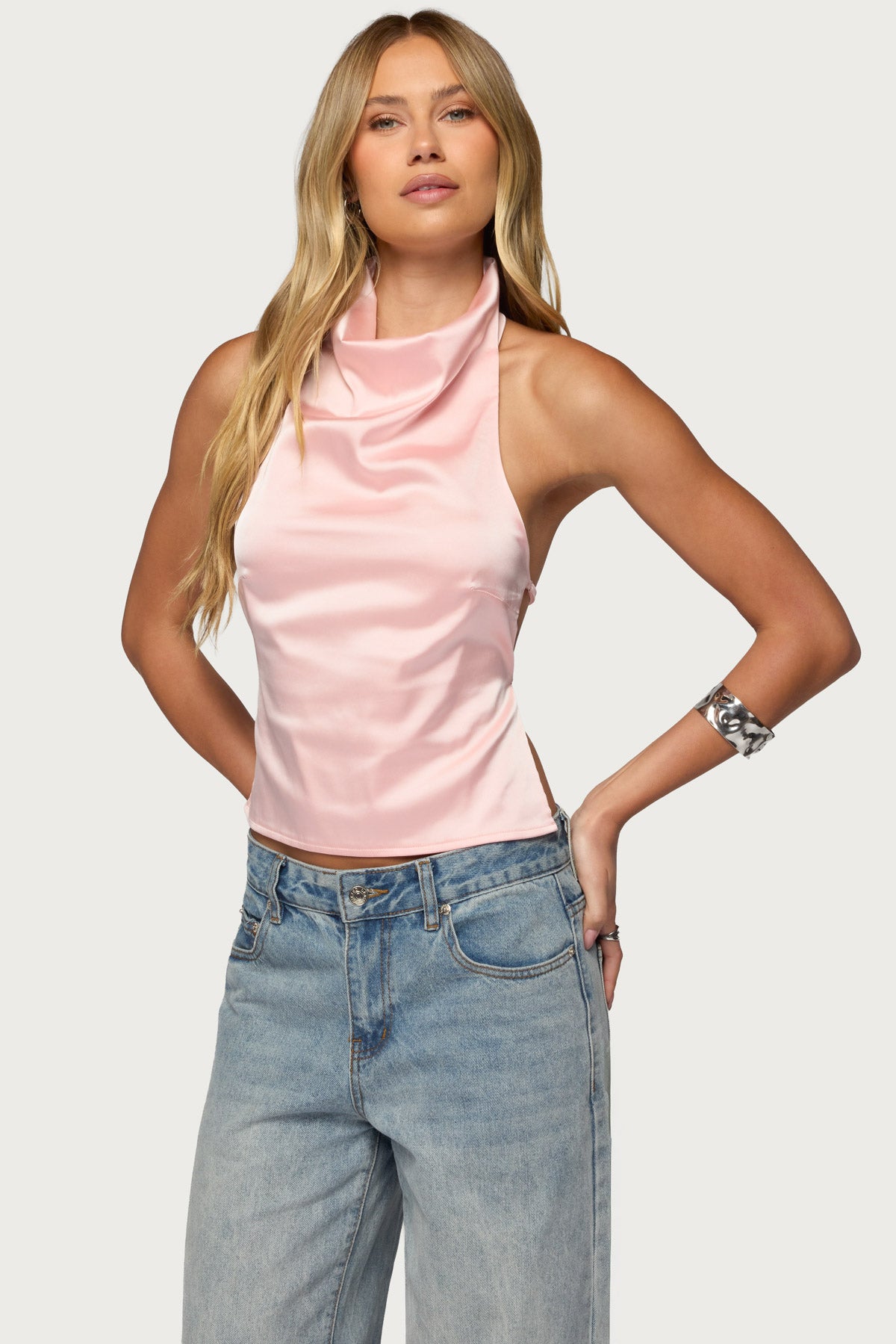 Satin Effect Backless Cowl Neck Top – edikted