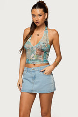 Catie Printed Mesh Halter Top