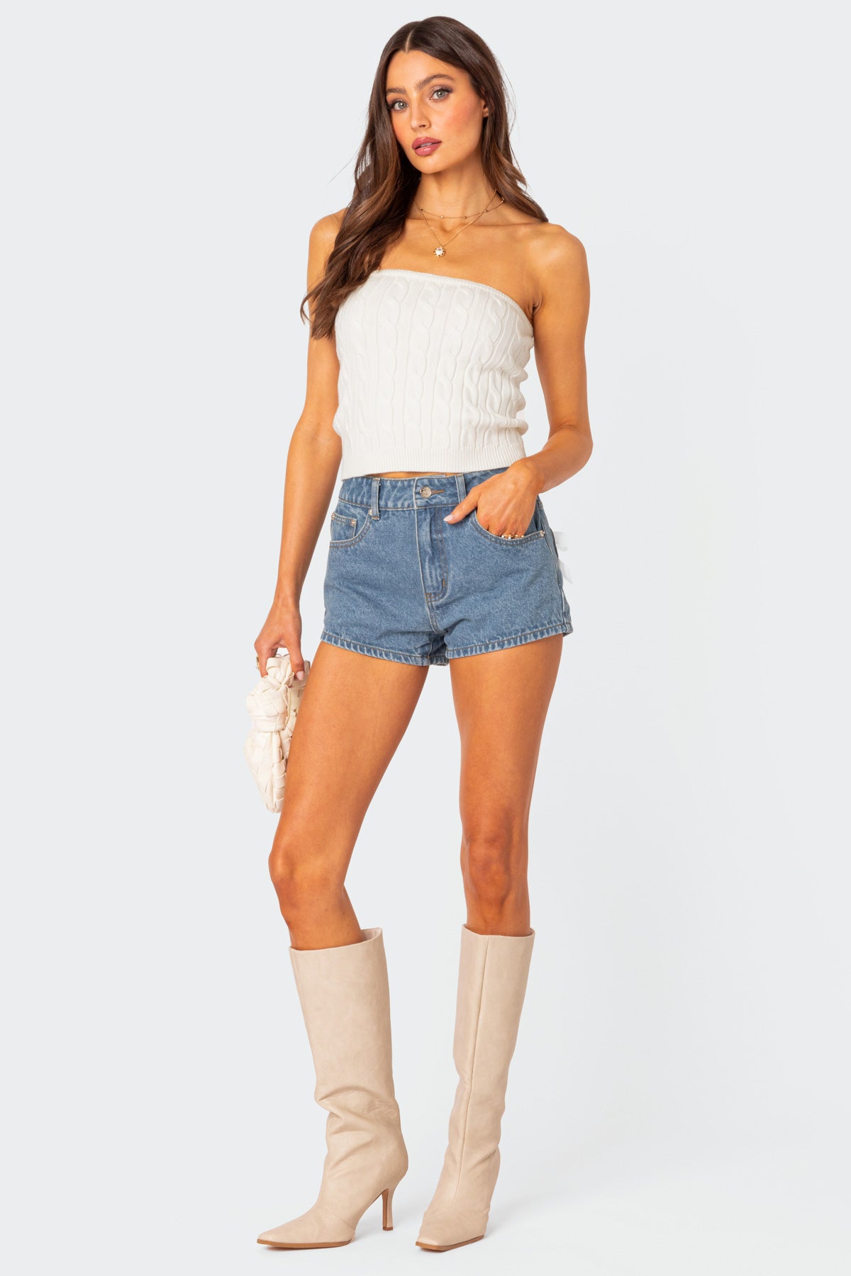 Bow Pocket Washed Denim Shorts