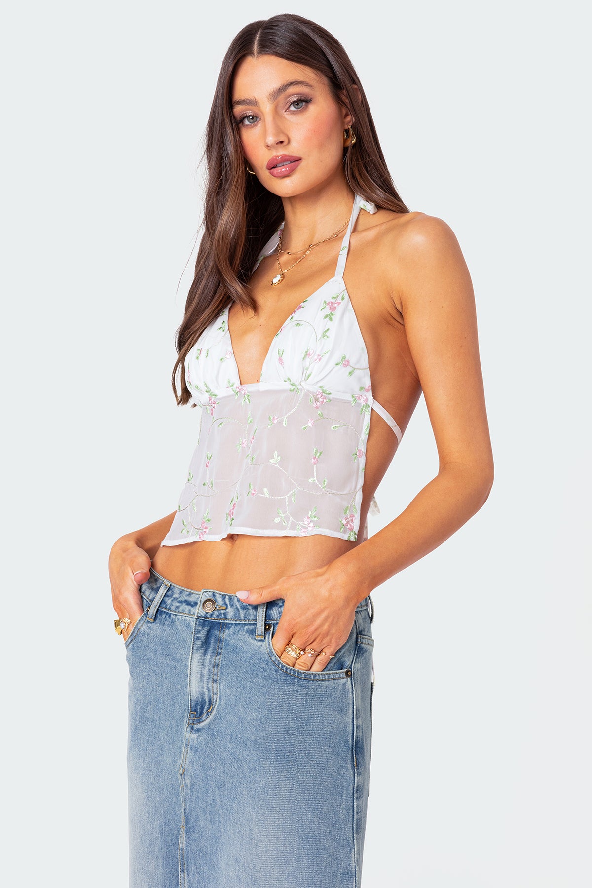 Embroidered Open Back Top