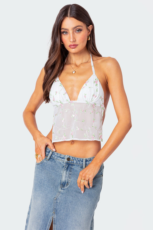 Embroidered Open Back Top