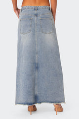 Front Slit Washed Denim Maxi Skirt