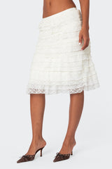 Louise Lace And Mesh Ruffle Midi Skirt