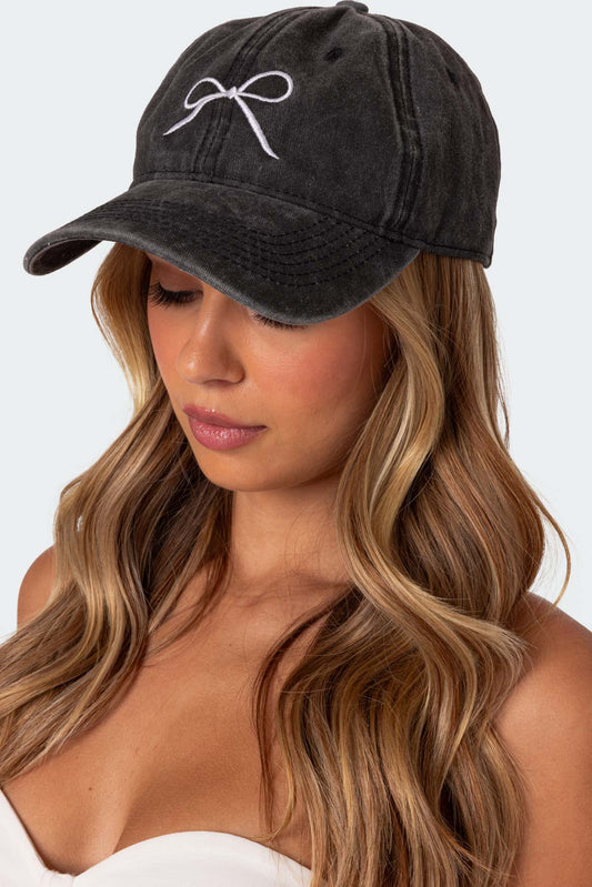 Embroidered Bow Washed Baseball Cap
