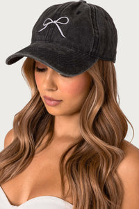 Embroidered Bow Washed Baseball Cap