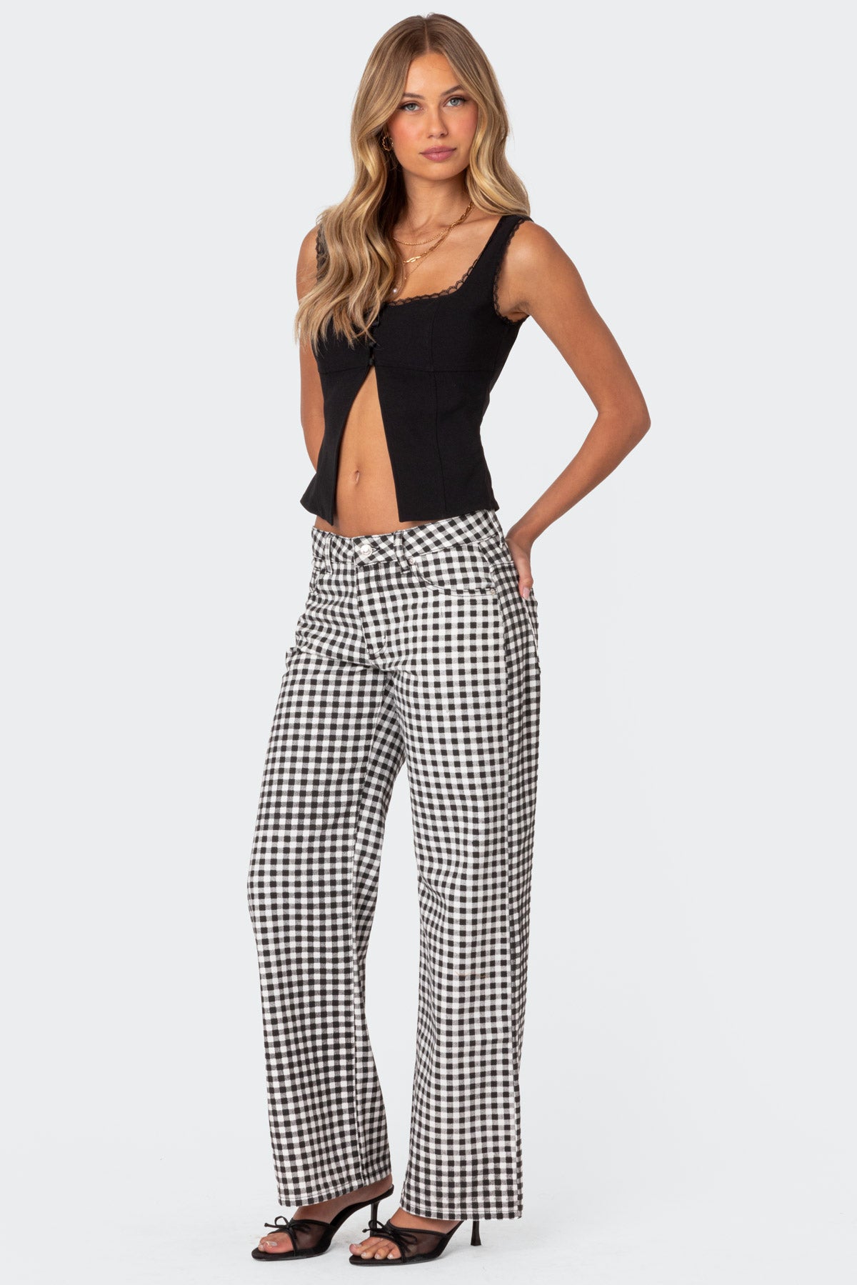 Gingham Printed Low Rise Jeans