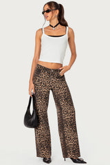 Leopard Printed Low Rise Baggy Jeans