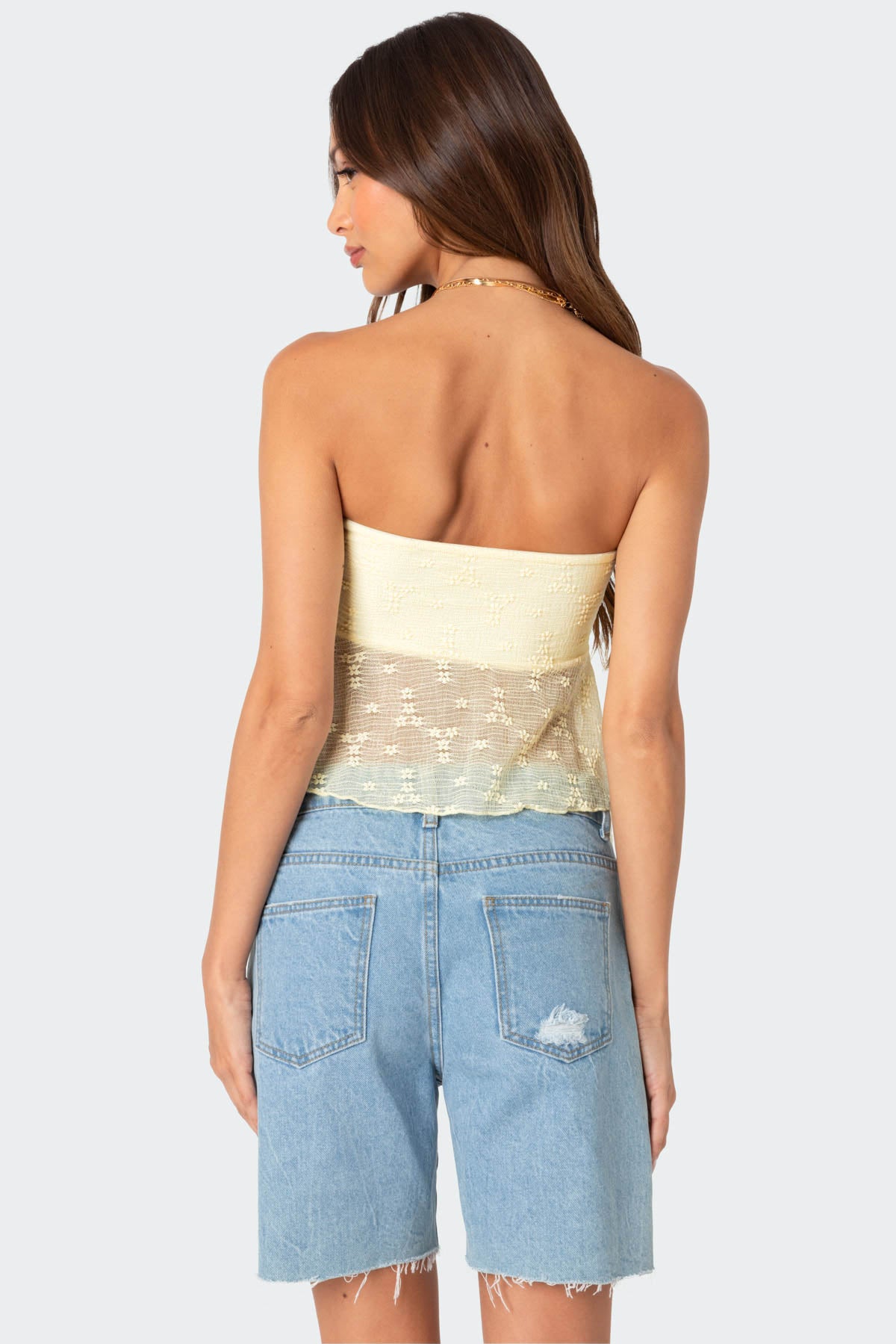 Embroidered Sheer Strapless Top