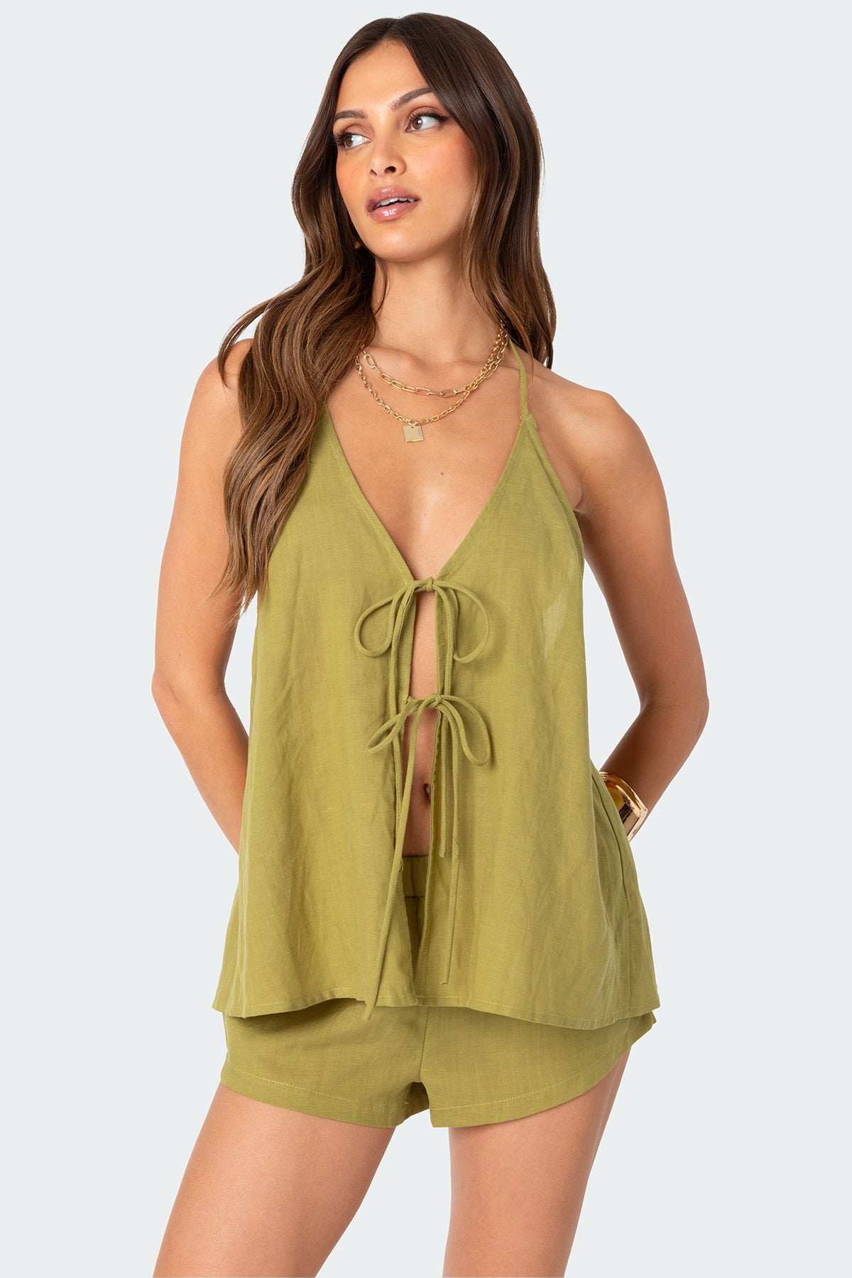 Arden Linen Look Tie Front Top