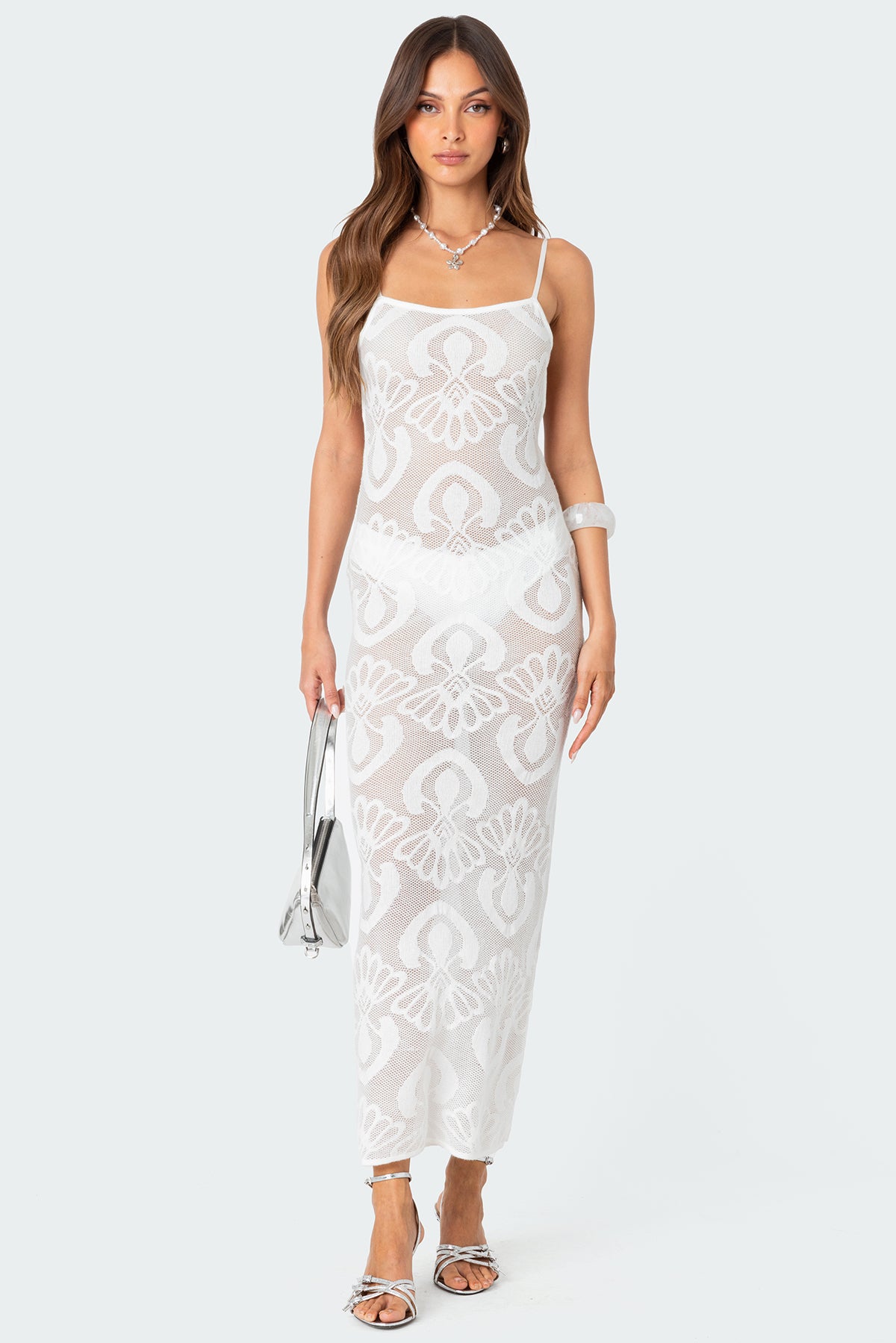 Embroidered Backless Sheer Knit Maxi Dress