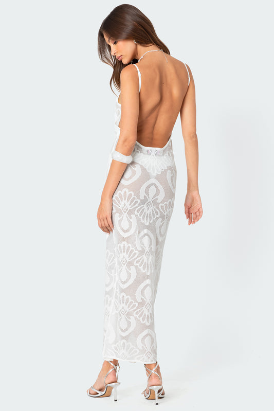 Embroidered Backless Sheer Knit Maxi Dress