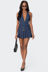 Belted Pinstripe Denim Mini Dress