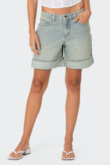 Cuffed Washed Denim Bermuda Shorts