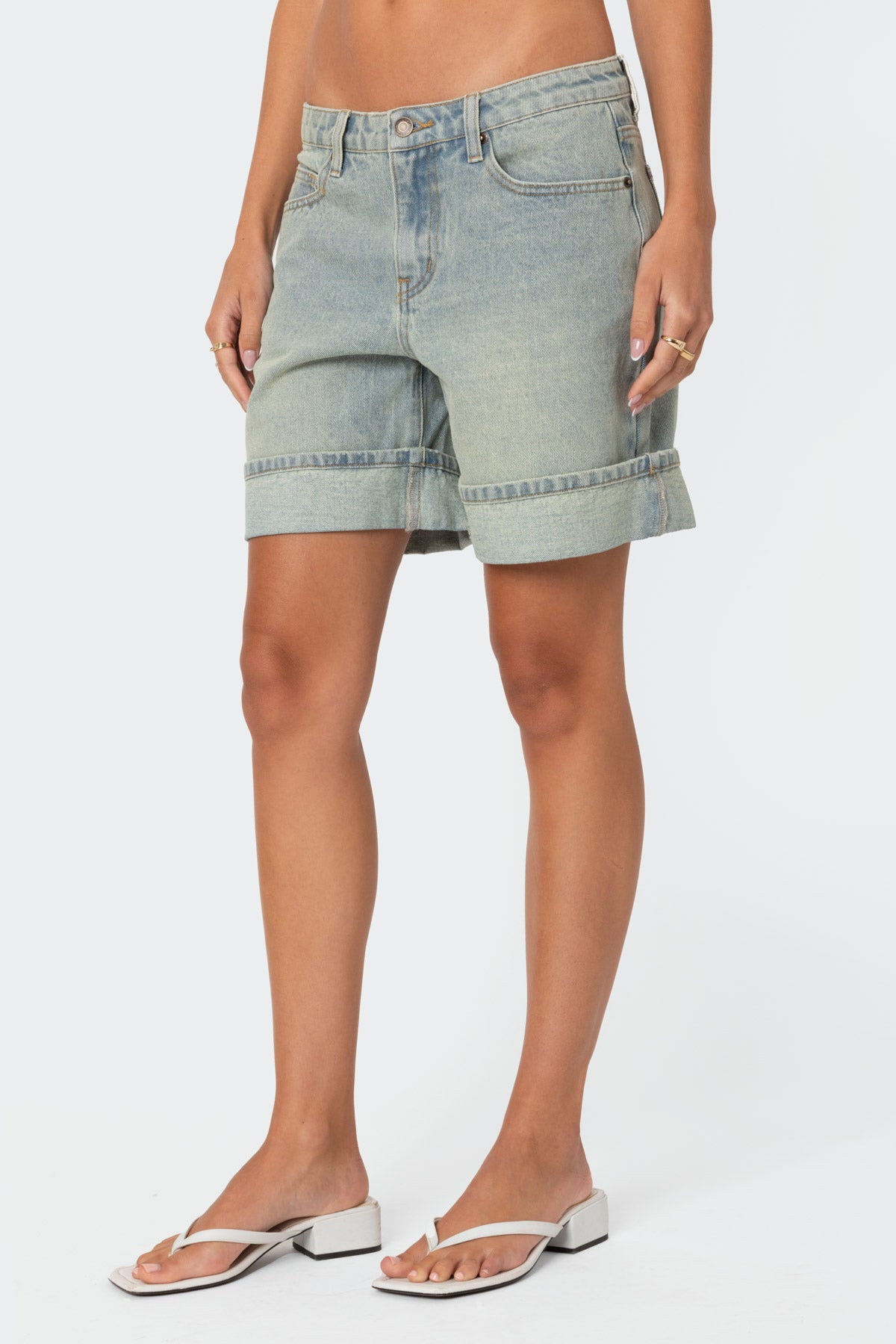 Cuffed Washed Denim Bermuda Shorts