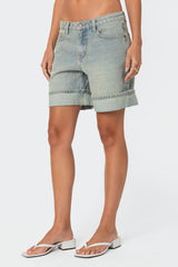 Cuffed Washed Denim Bermuda Shorts