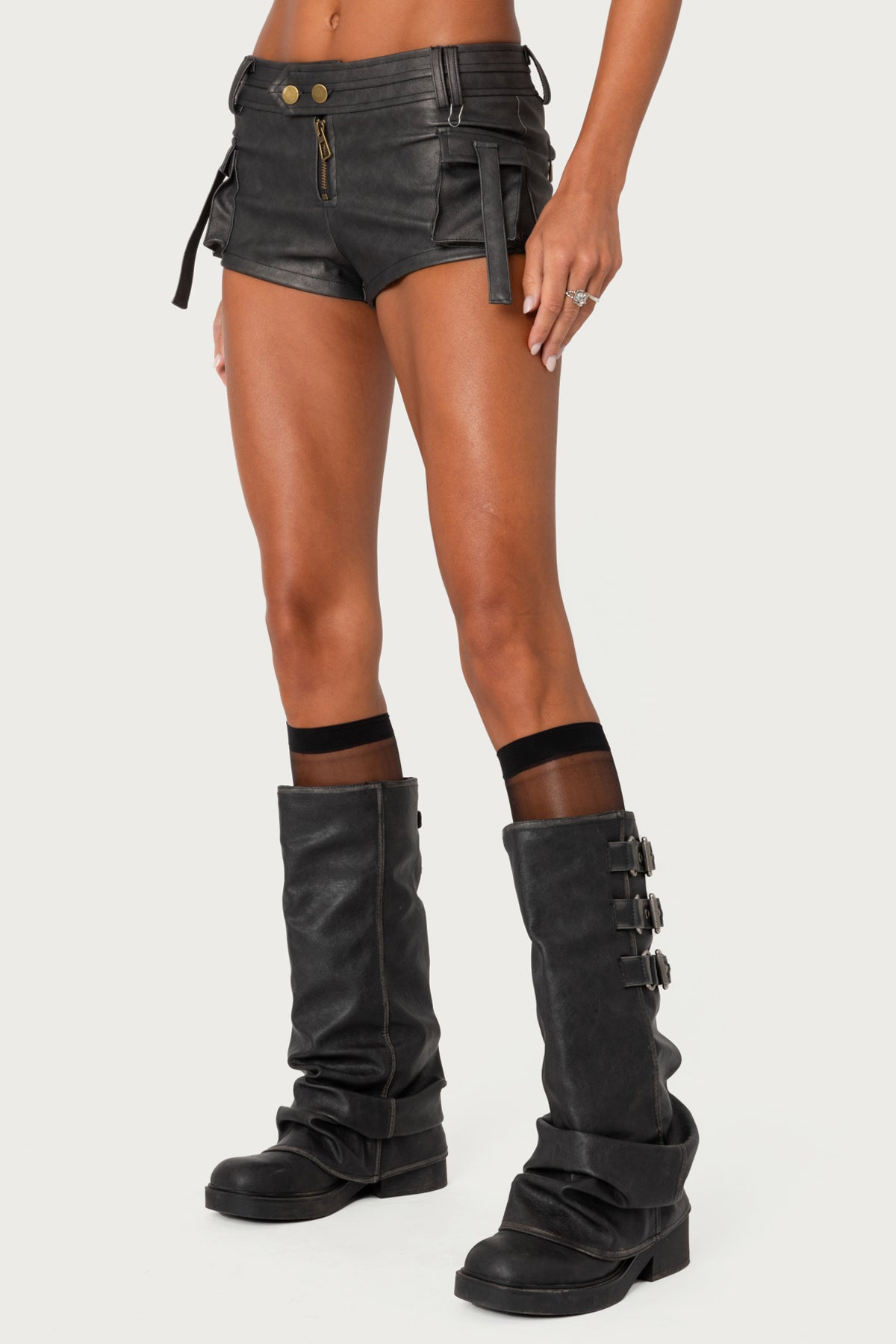 Washed Faux Leather Micro Cargo Shorts